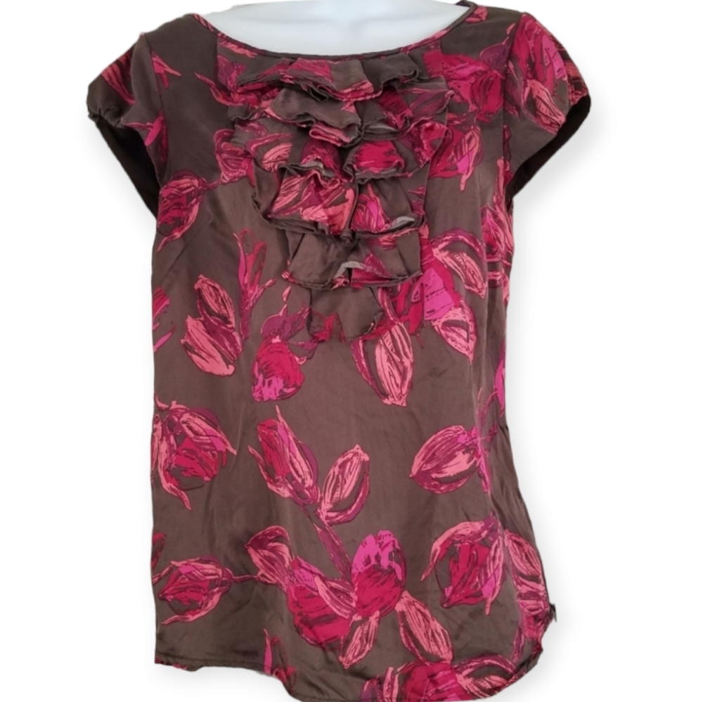 NWOT Classiques Entier brown & pink floral ruffled 100% silk blouse Womens Small